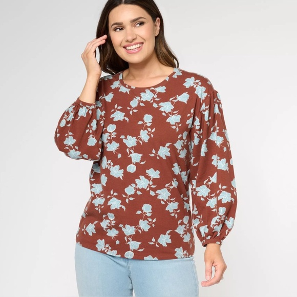 New AnyBody Puff-Sleeve Floral Printed Knit Top Oversized Relaxed Fit Sze M - Picture 1 of 13